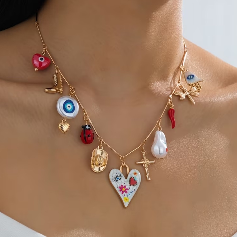 NEW Retro Bohemian Western Cross Gold Charm Necklace with Multicolor Accents